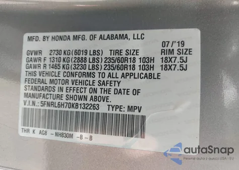2019 Honda Odyssey Ex-L from USA, damaged, VIN 5FNRL6H70KB132263